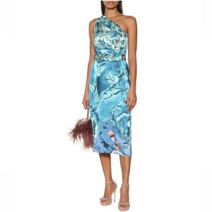 PETER PILOTTO Silk One Sleeve Dress US2 UK 6 Blue Belt And Slit Midi